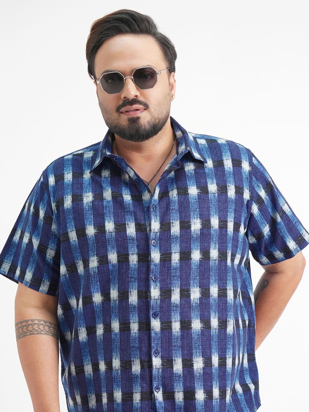 HIGHLANDER Plus Size Checked Spread Collar Cotton Shirt - view 1