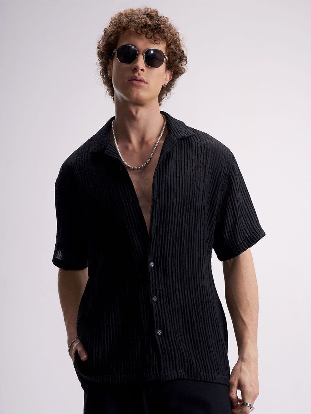 HIGHLANDER Men Relaxed Fit Textured Cuban Collar Casual Shirt - view 1