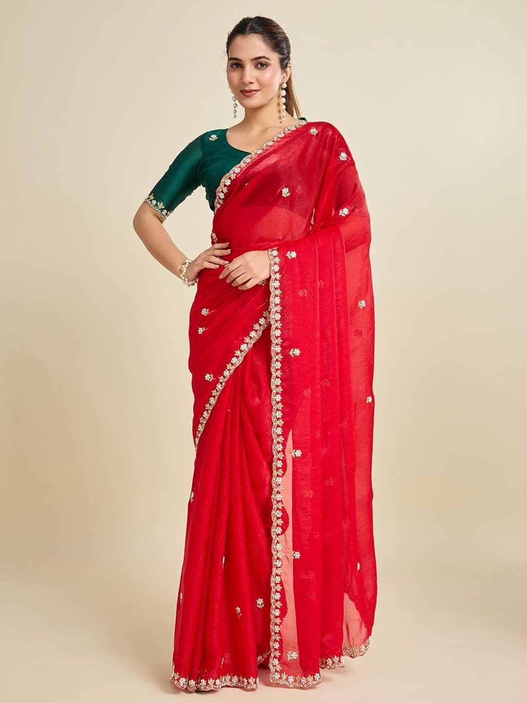 Branzios Embroidered Beads and Stones Pure Chiffon Saree - view 1