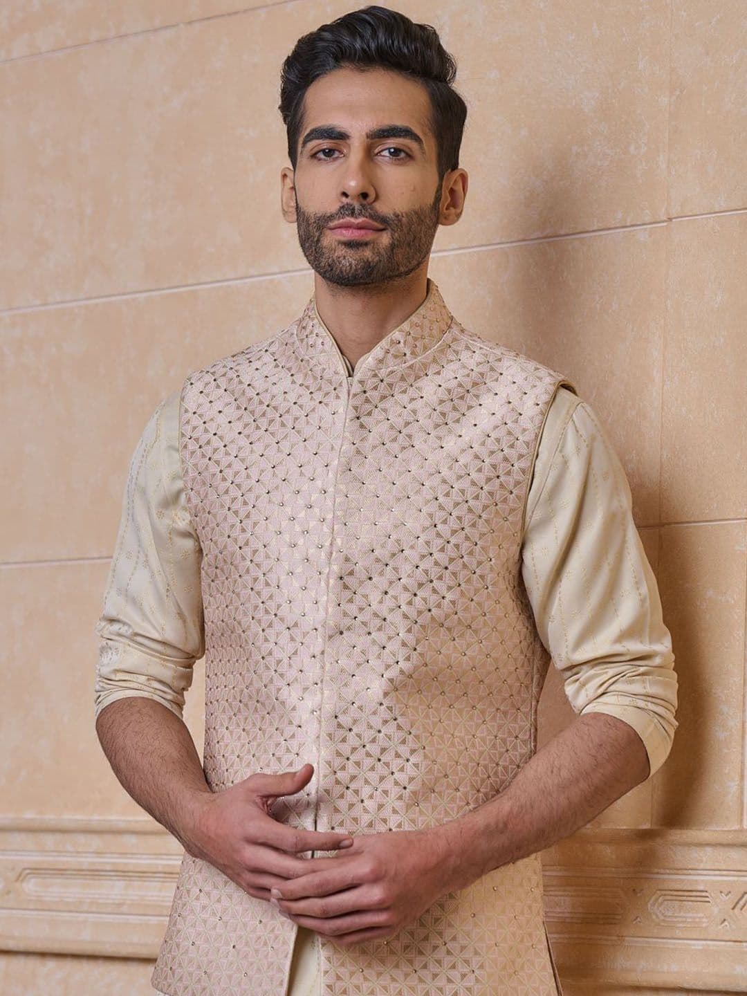 Tasva Woven Design Embellished Brocade Bundi Nehru Jacket - view 1