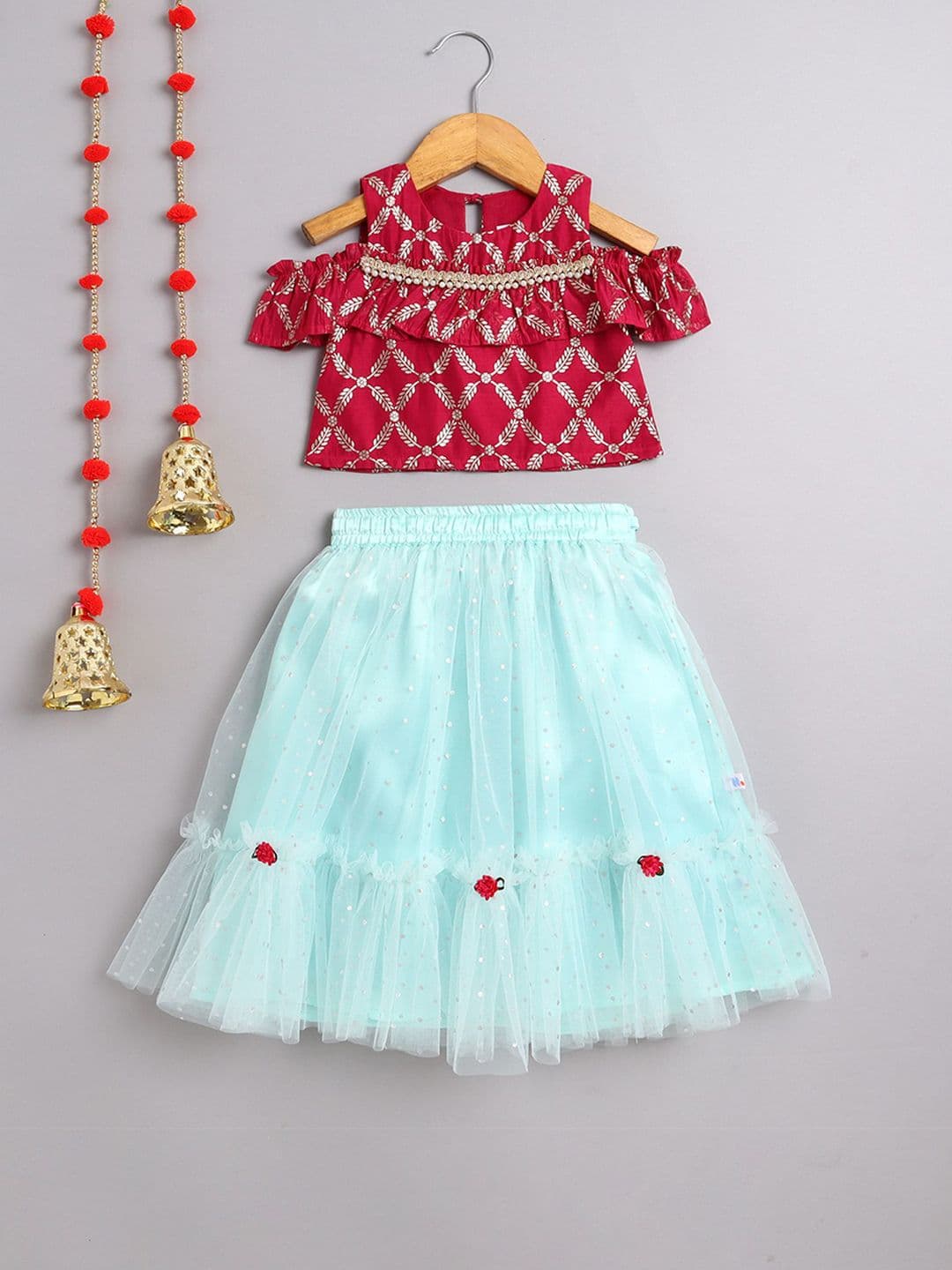 MANY FROCKS & Girls Floral Printed Beads And Stones Ready to Wear Lehenga With Blouse - view 1
