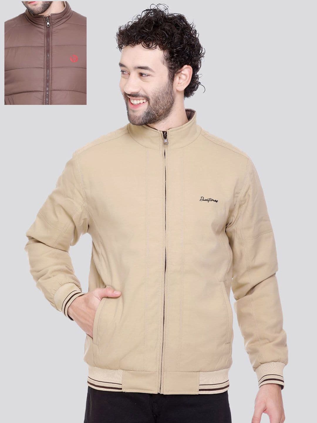 Rare Times Men Stand Collar Solid Lightweight Casual Bomber Jacket - view 1