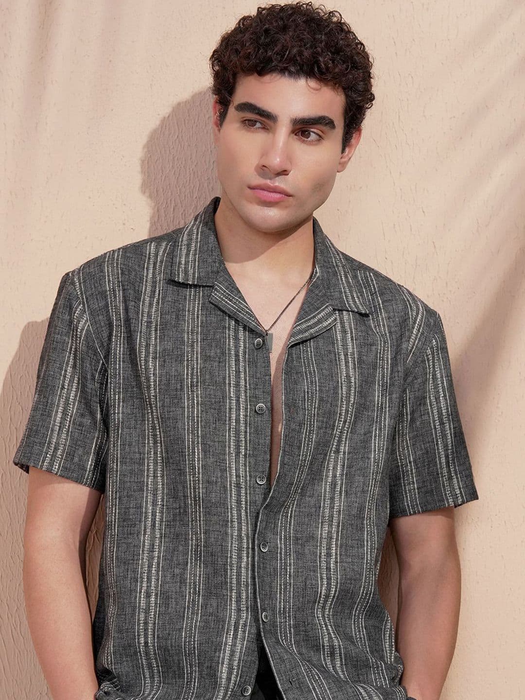 HIGHLANDER Vertical Striped Cuban Collar Relaxed Fit Shirt - view 1