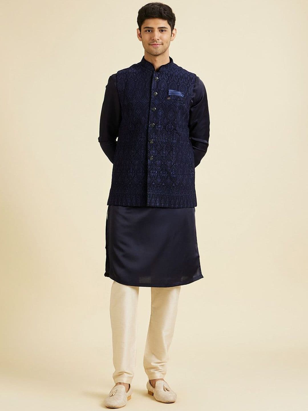 Manyavar Embroidered Mandarin Collar Nehru Jacket - view 1