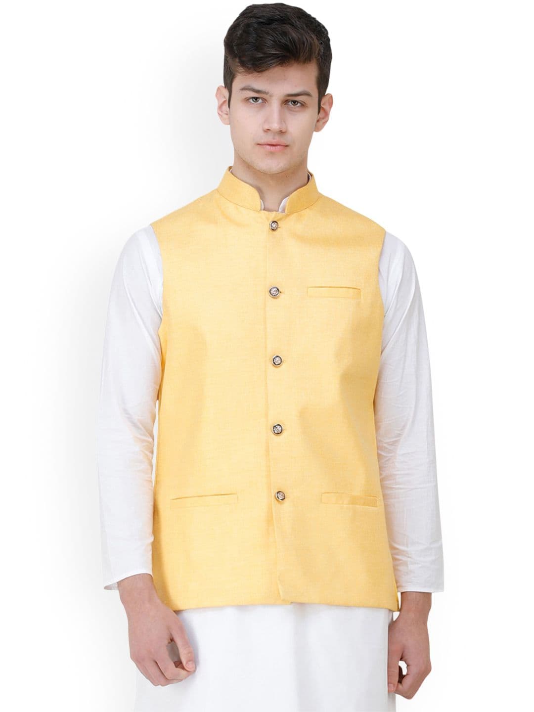 Exotic India Men Solid Mandarin Collar Nehru Jacket With Front Pockets - view 1