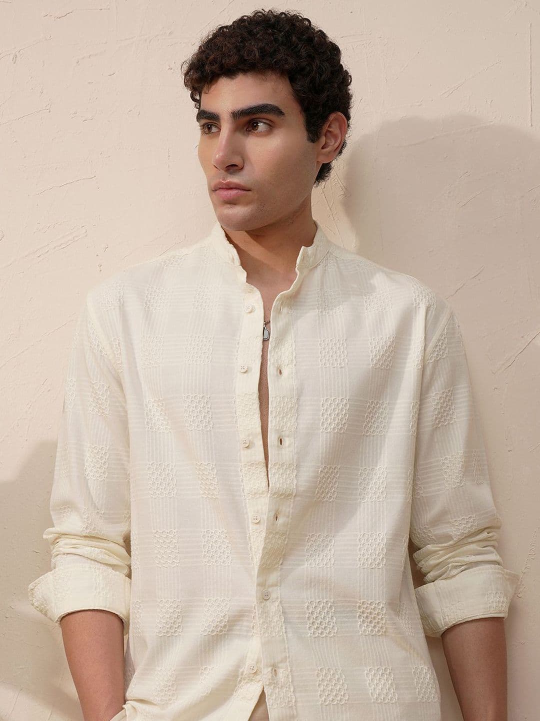 HIGHLANDER Band Collar Textured Relaxed Fit Cotton Shirt - view 1