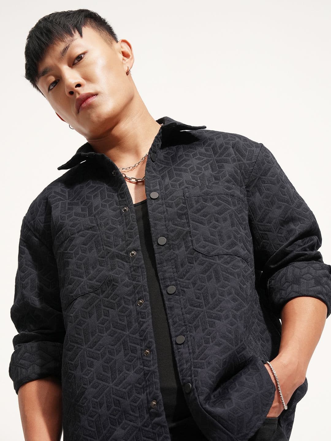 HIGHLANDER Relaxed Overshirt Textured Cutaway Collar Casual Shirt - view 1