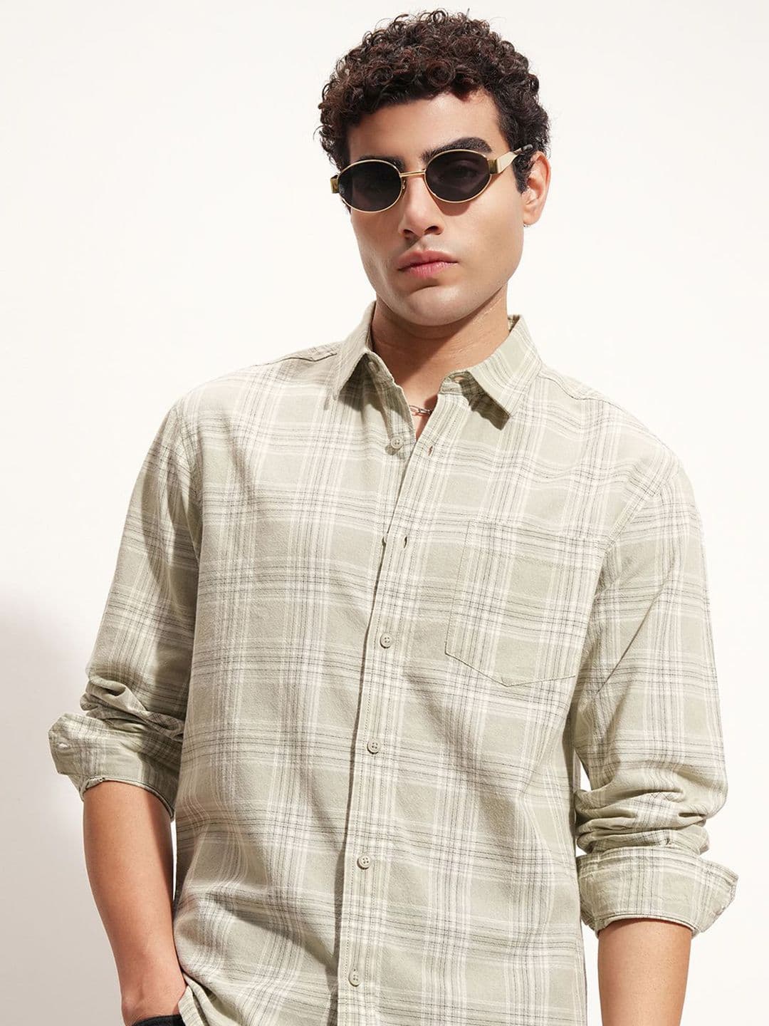 HIGHLANDER Checked Cutaway Collar Cotton Casual Shirt - view 1