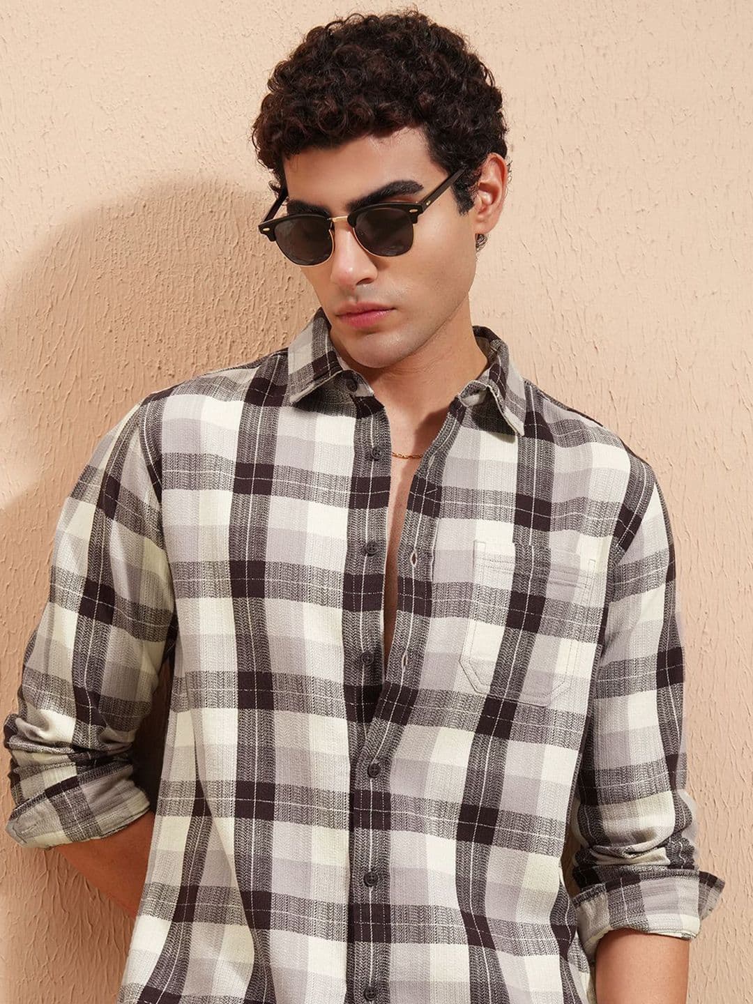 HIGHLANDER Slim Fit Textured Checked Cutaway Collar Cotton Casual Shirt - view 1