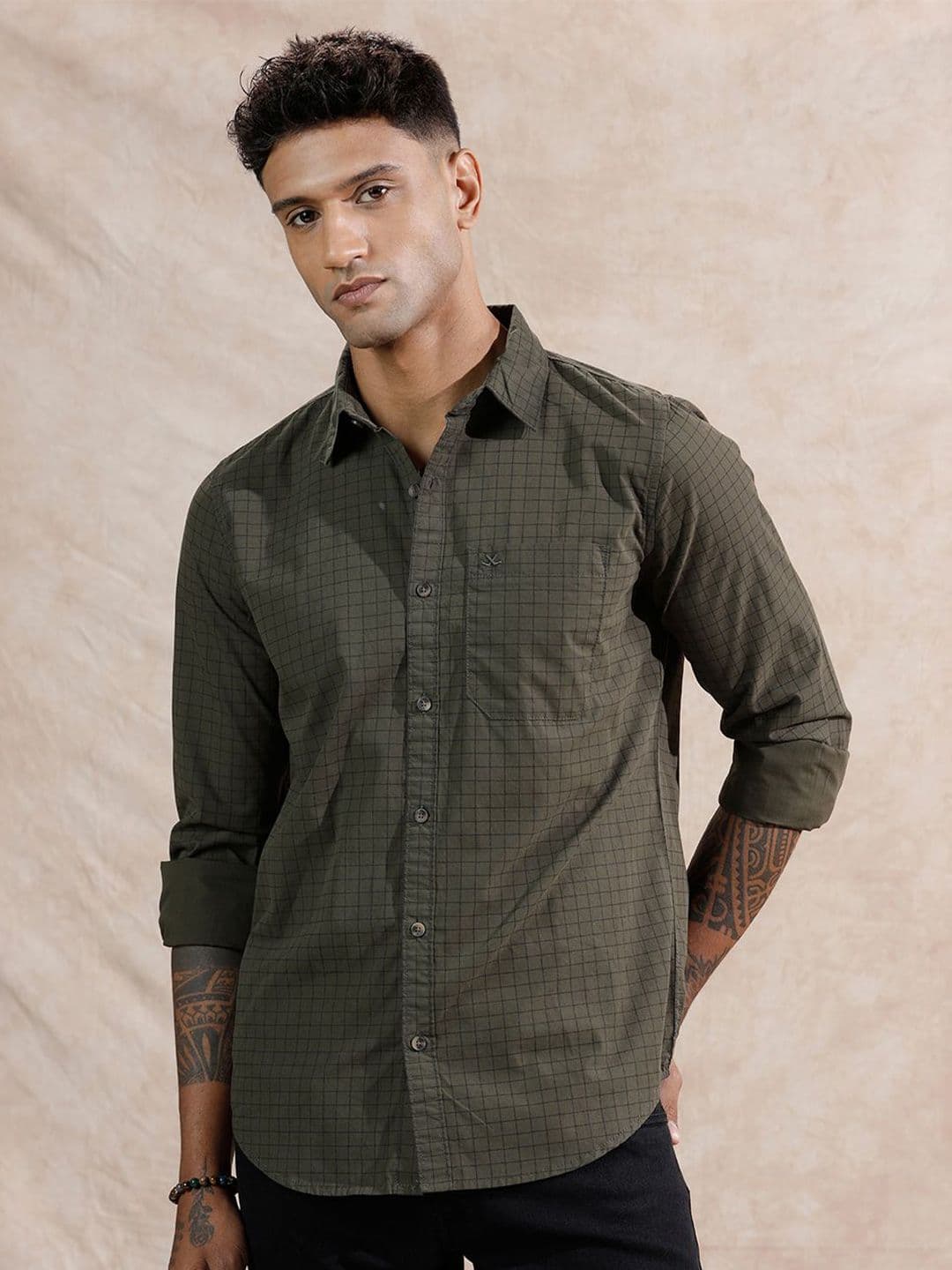 WROGN Checked Spread Collar Comfort Slim Fit Cotton Shirt - view 1