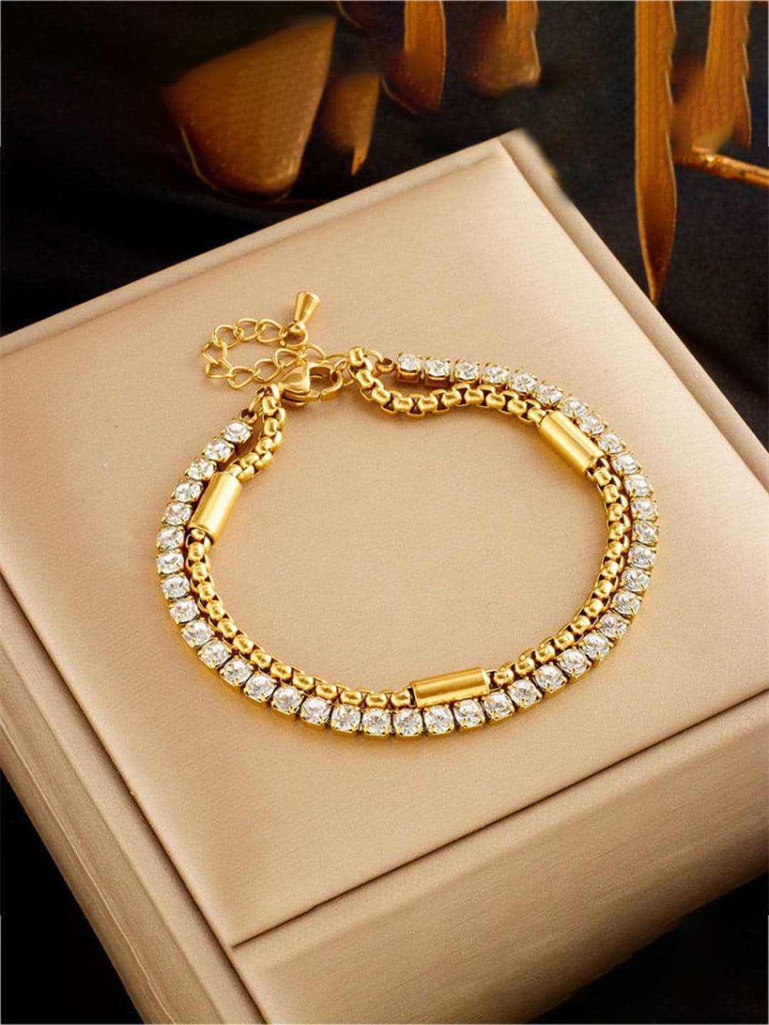 GOLDIWALA Stainless Steel Gold-Plated Artificial Stones Studded Wraparound Bracelet - view 1