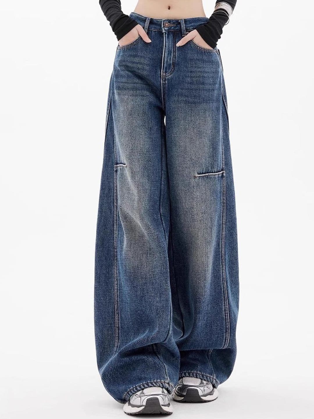 StyleCast Retro Women Comfort Wide Leg Slash Knee Acid Wash Stretchable Cotton Jeans - view 1