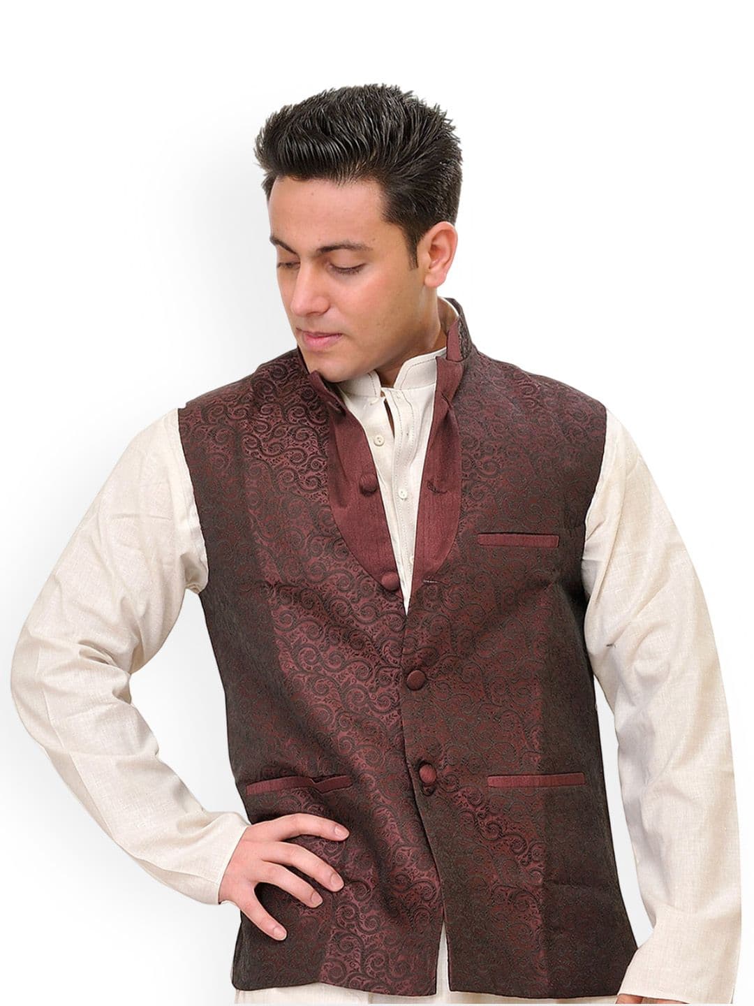 Exotic India Floral Woven Design Banarasi Nehru Jacket - view 1