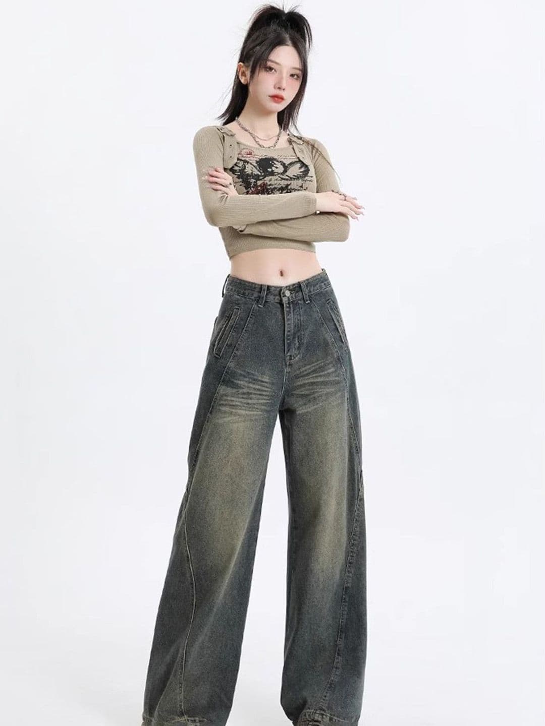 StyleCast Women Comfort Wide Leg High-Rise Mildly Distressed Light Fade Stretchable Jeans - view 1