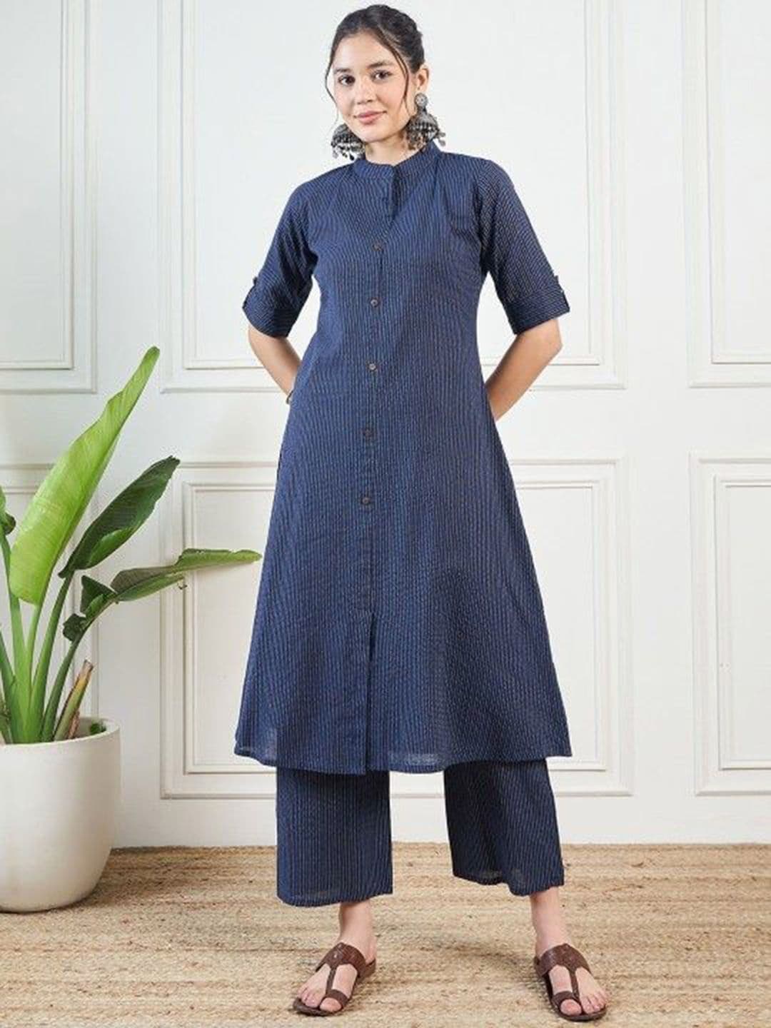 Angvarnika Women Striped Cotton Kurta with Trousers - view 1