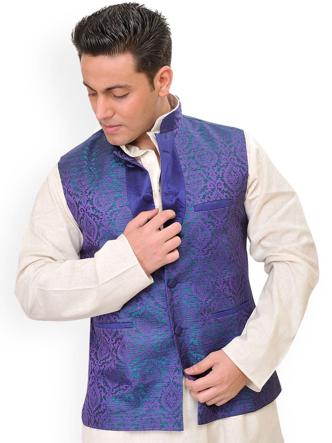 Exotic India Men Floral Woven Design Banarasi Nehru Jacket - view 1