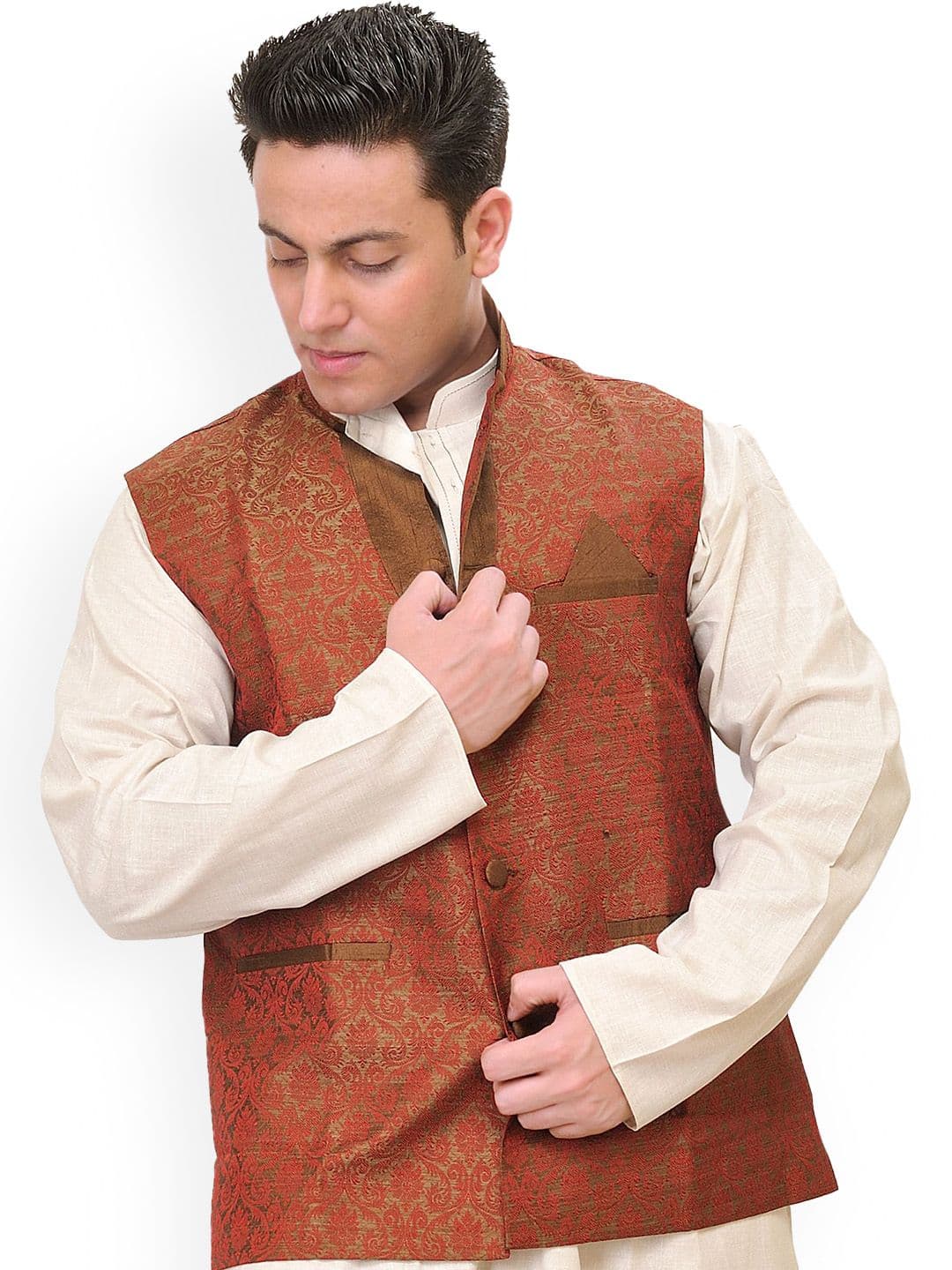 Exotic India Floral Woven Design Cotton Linen Nehru Jacket - view 1