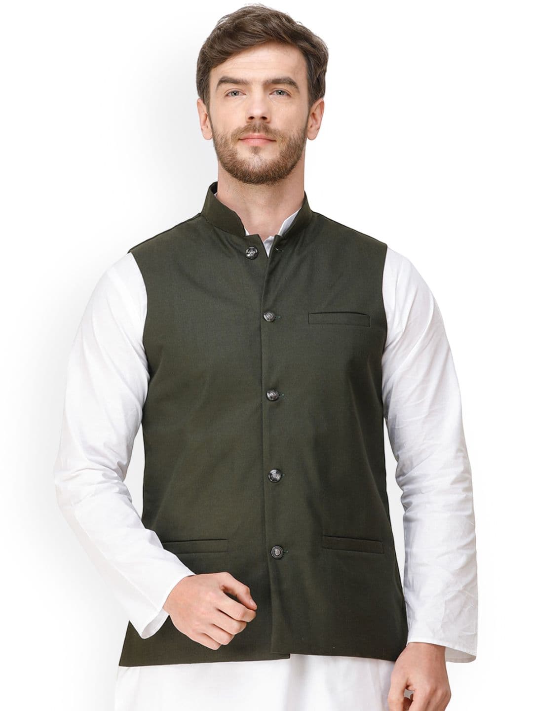 Exotic India Waistcoat with Woven Diagonal Stripes Nehru Jacket With Front Pockets - view 1