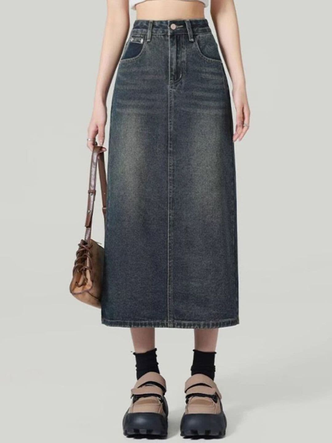 StyleCast x Revolte Denim Back-Slit Straight Midi Skirt - view 1