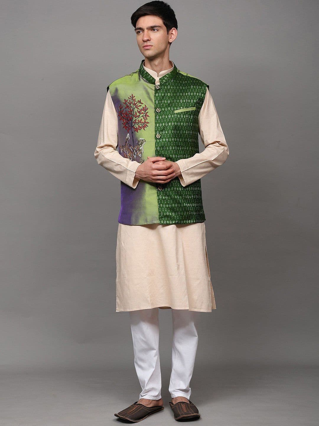 Exotic India Men Radha Krishna Printed Pure Silk Nehru Jacket - view 1