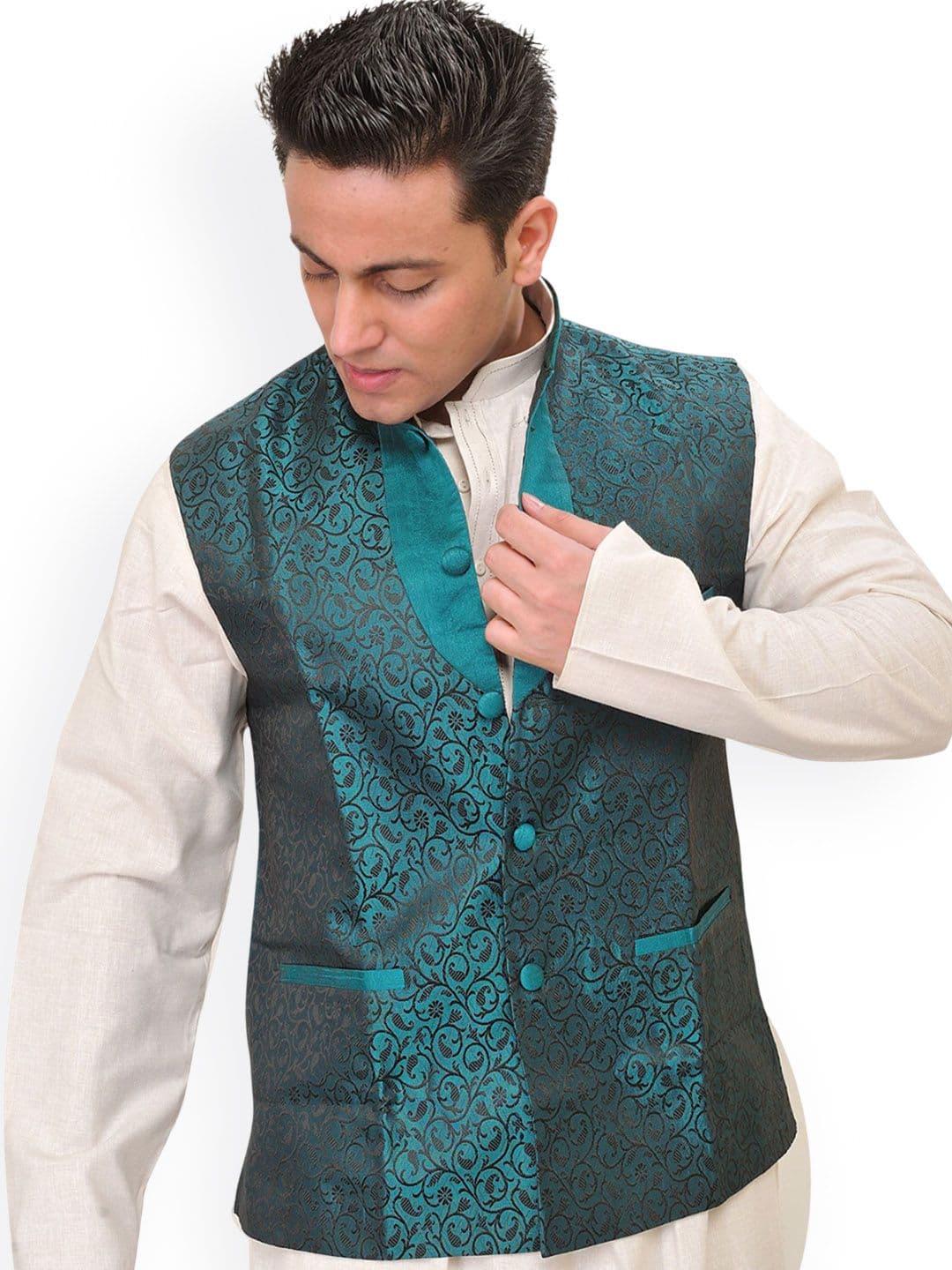 Exotic India Floral Woven Design Banarasi Nehru Jacket - view 1