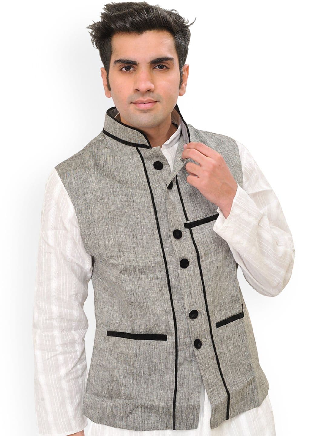 Exotic India Men Woven Nehru Jacket with Velvet Lapel - view 1
