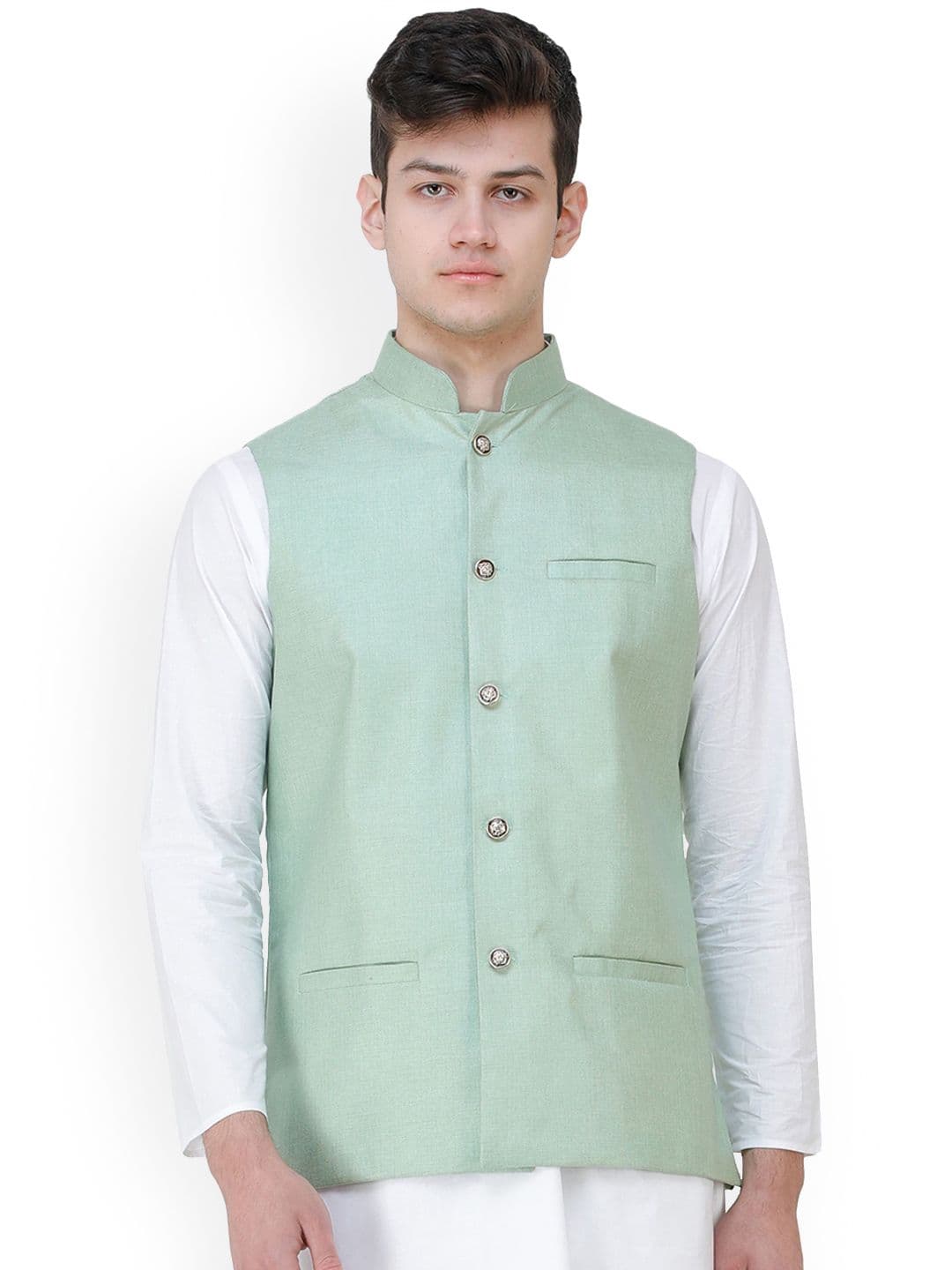 Exotic India Mandarin Collar Woven Nehru Jacket - view 1