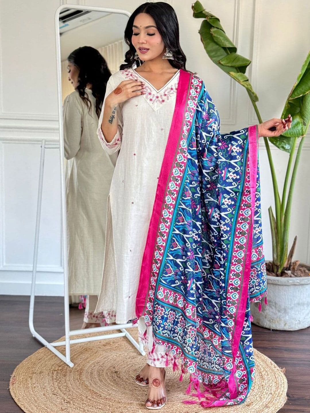 TRAHIMAM Women Ethnic Motifs Embroidered Pure Cotton Kurta with Trousers & Dupatta - view 1