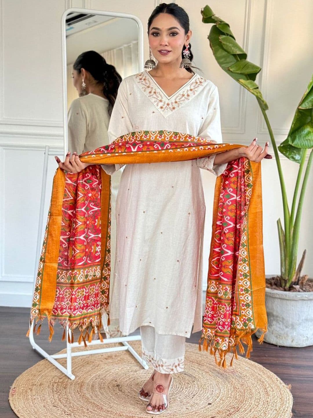 TRAHIMAM Women Ethnic Motifs Embroidered Pure Cotton Kurta with Trousers & Dupatta - view 1