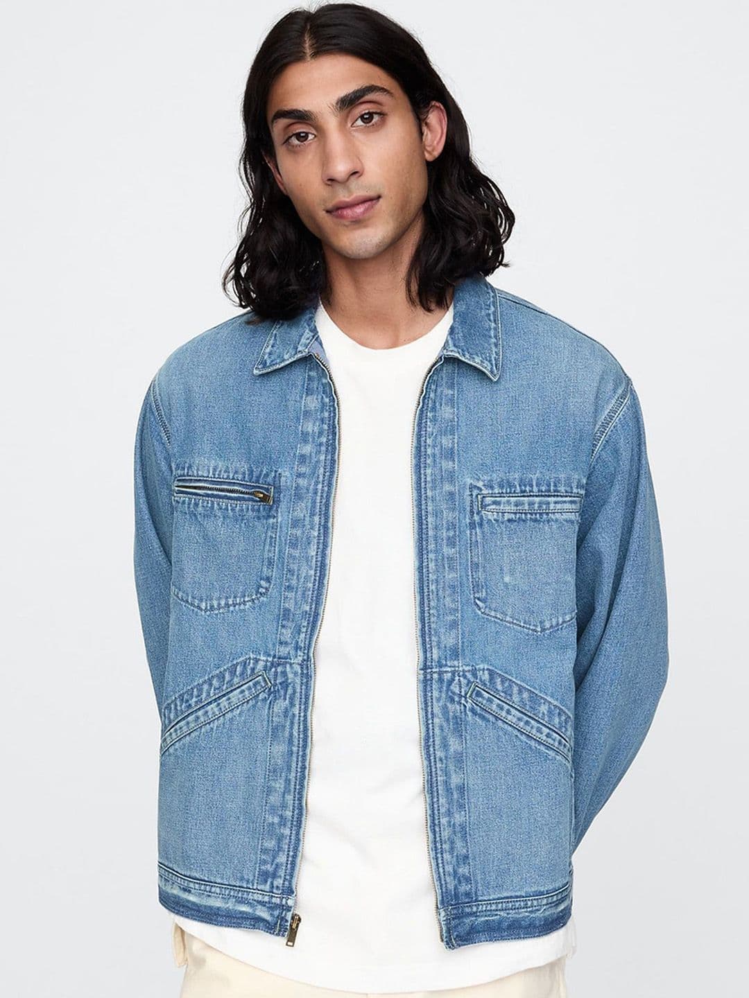 GAP Heavily Washed Zip-Front Oversized Denim Jacket - view 1