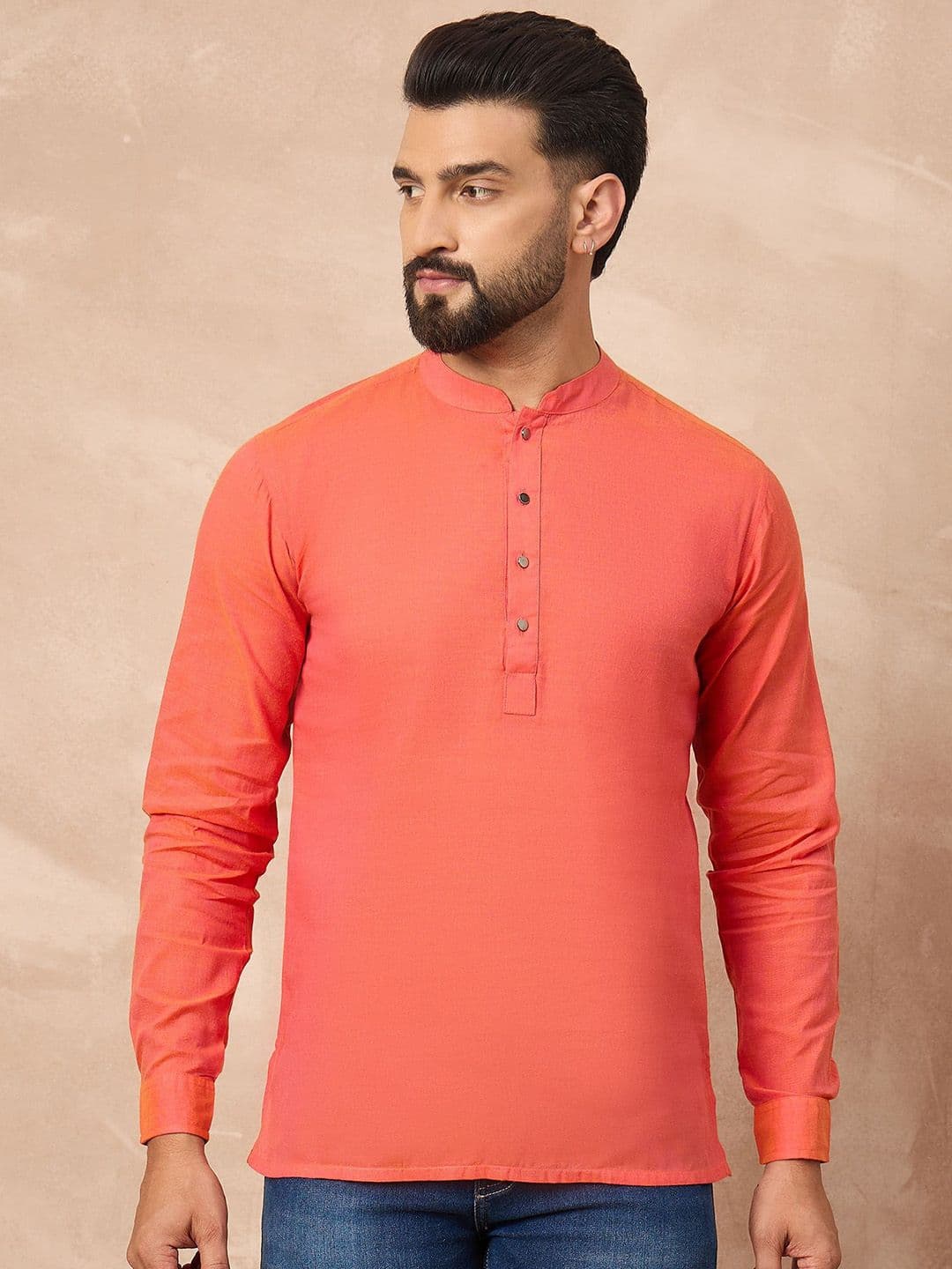 House of Pataudi Men Mandarin Collar Pure Cotton Shorts Kurtas - view 1