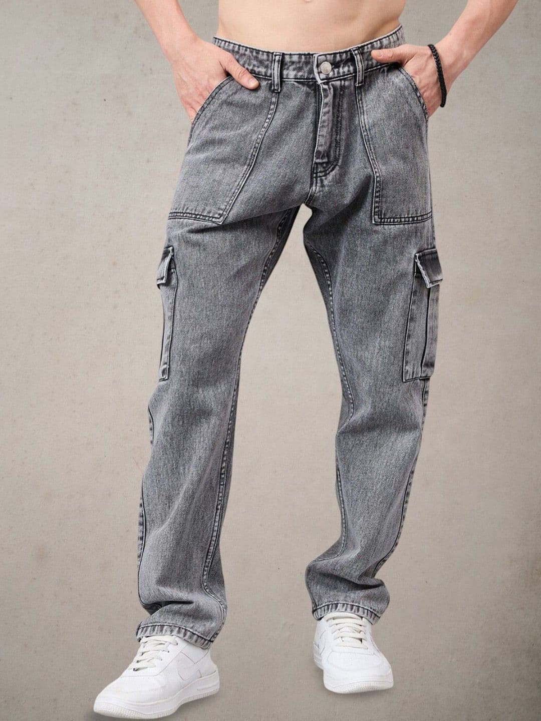 STUDIO NEXX Men Cotton Straight Fit Mid-Rise Light Fade Cargo Jeans - view 1