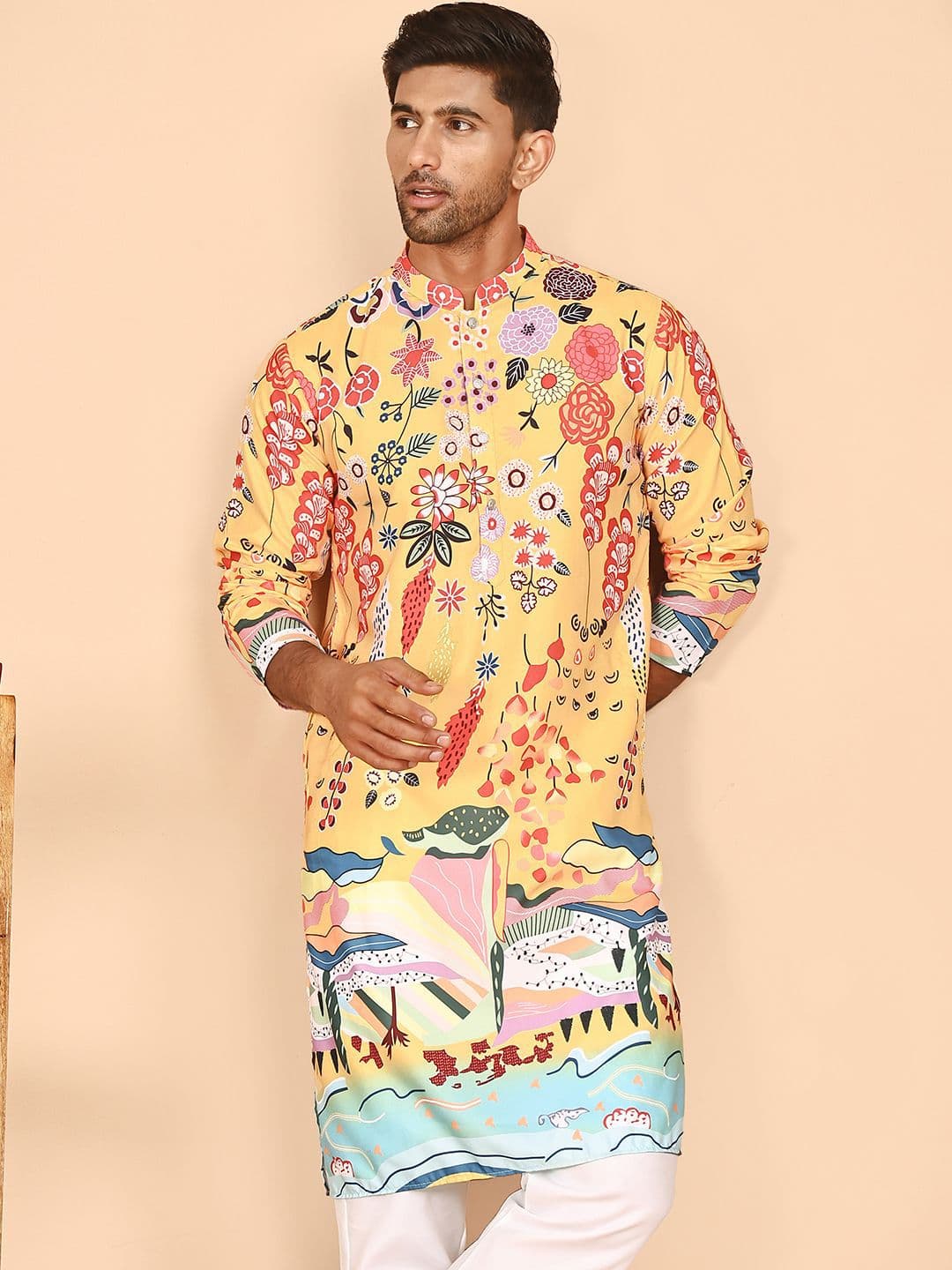 Jompers Floral Printed Mandarin Collar Cotton Straight Kurta - view 1