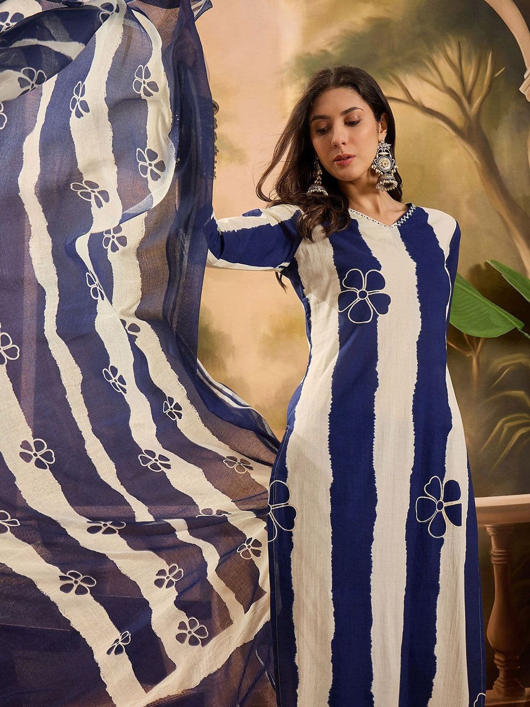 Sangria Floral Printed V-Neck Pure Cotton Straight Kurta With Trousers And Dupatta - view 1
