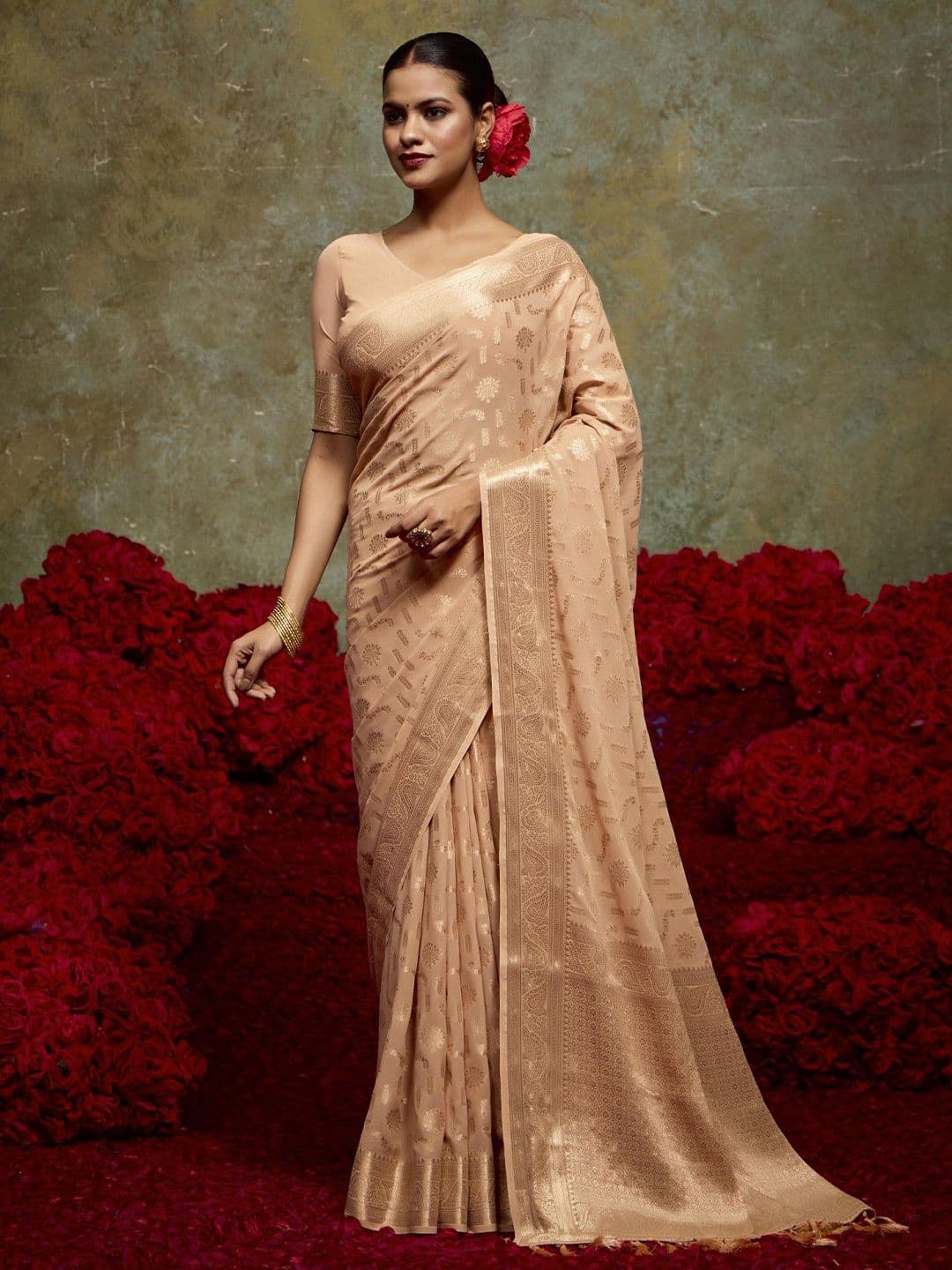 HERE&NOW Ethnic Motifs Woven Design Zari Pure Georgette Saree - view 1