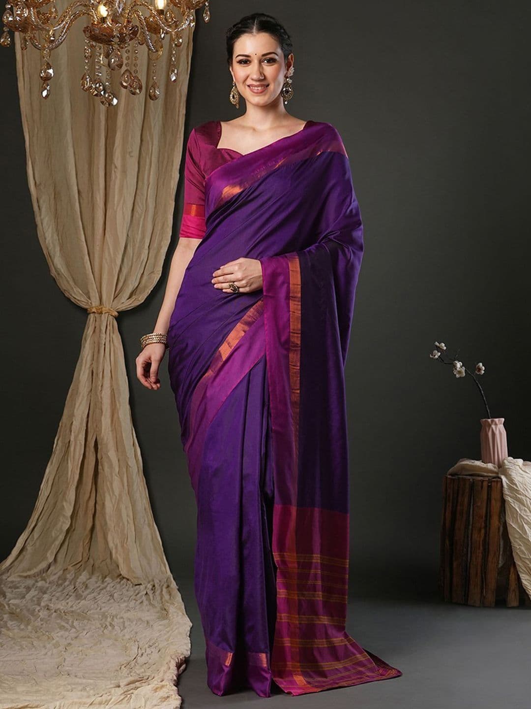IndianRang Solid Zari Border Saree With Blouse Piece - view 1