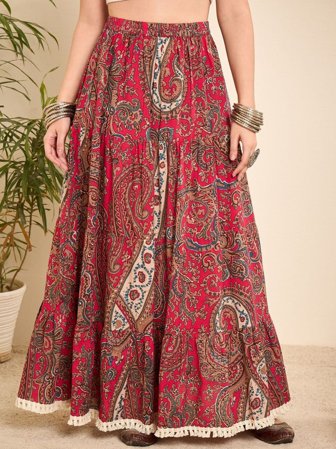 WineRed Women Paisley Printed Pure Cotton Tiered Maxi Skirt - view 1