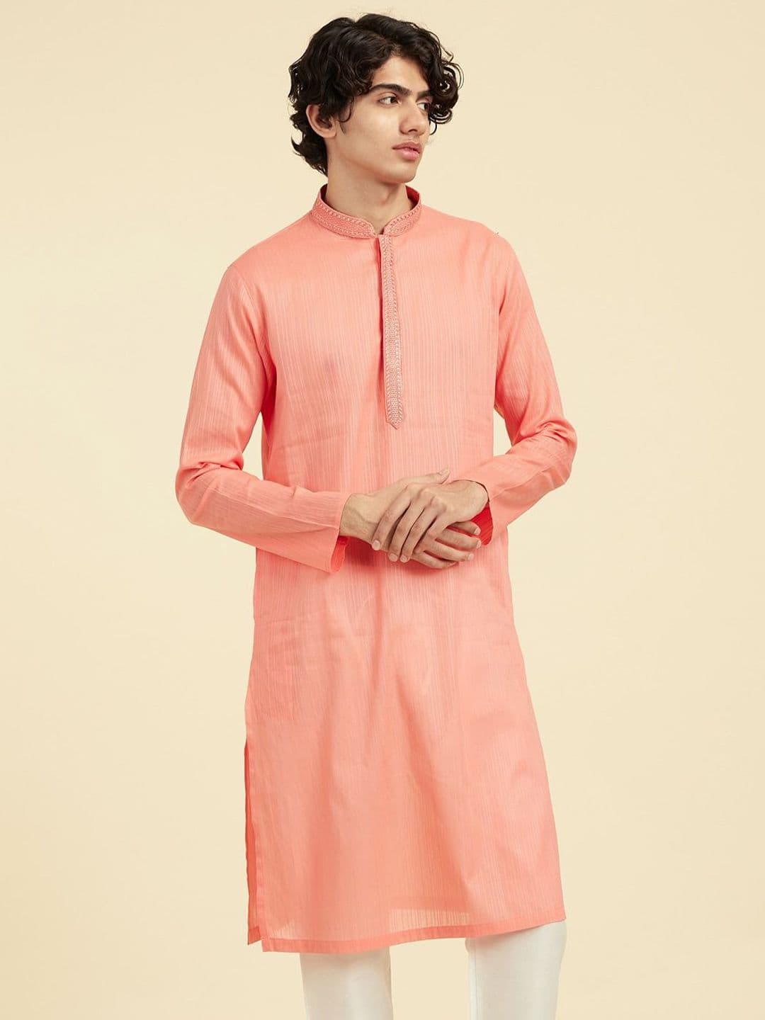 Diwas by Manyavar Men Striped Mandarin Collar Cotton Kurta - view 1