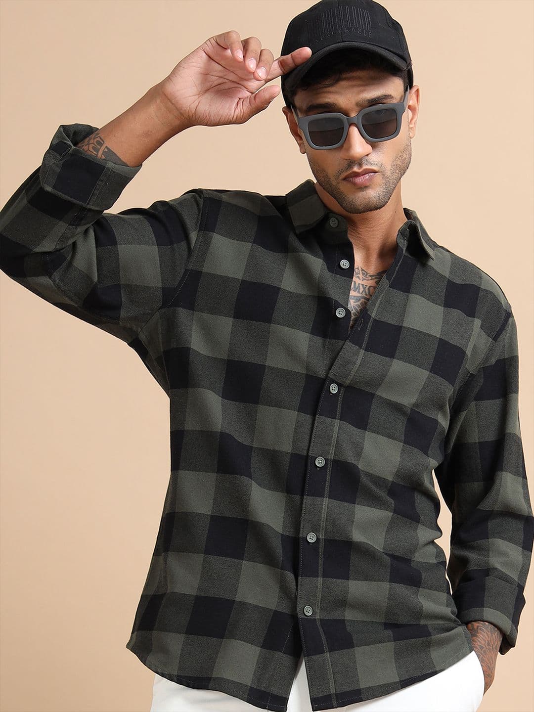 StitchX Men's Dark Green Brushed Cotton Buffalo Checkered Shirt - view 1