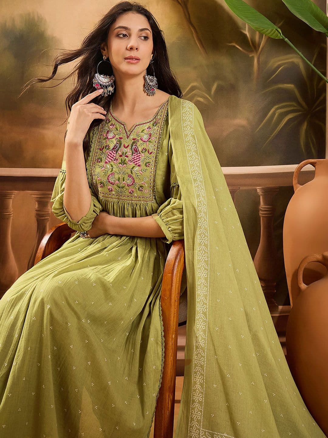 Sangria Women Ethnic Motifs Embroidered Cotton Kurta with Trousers & Dupatta - view 1