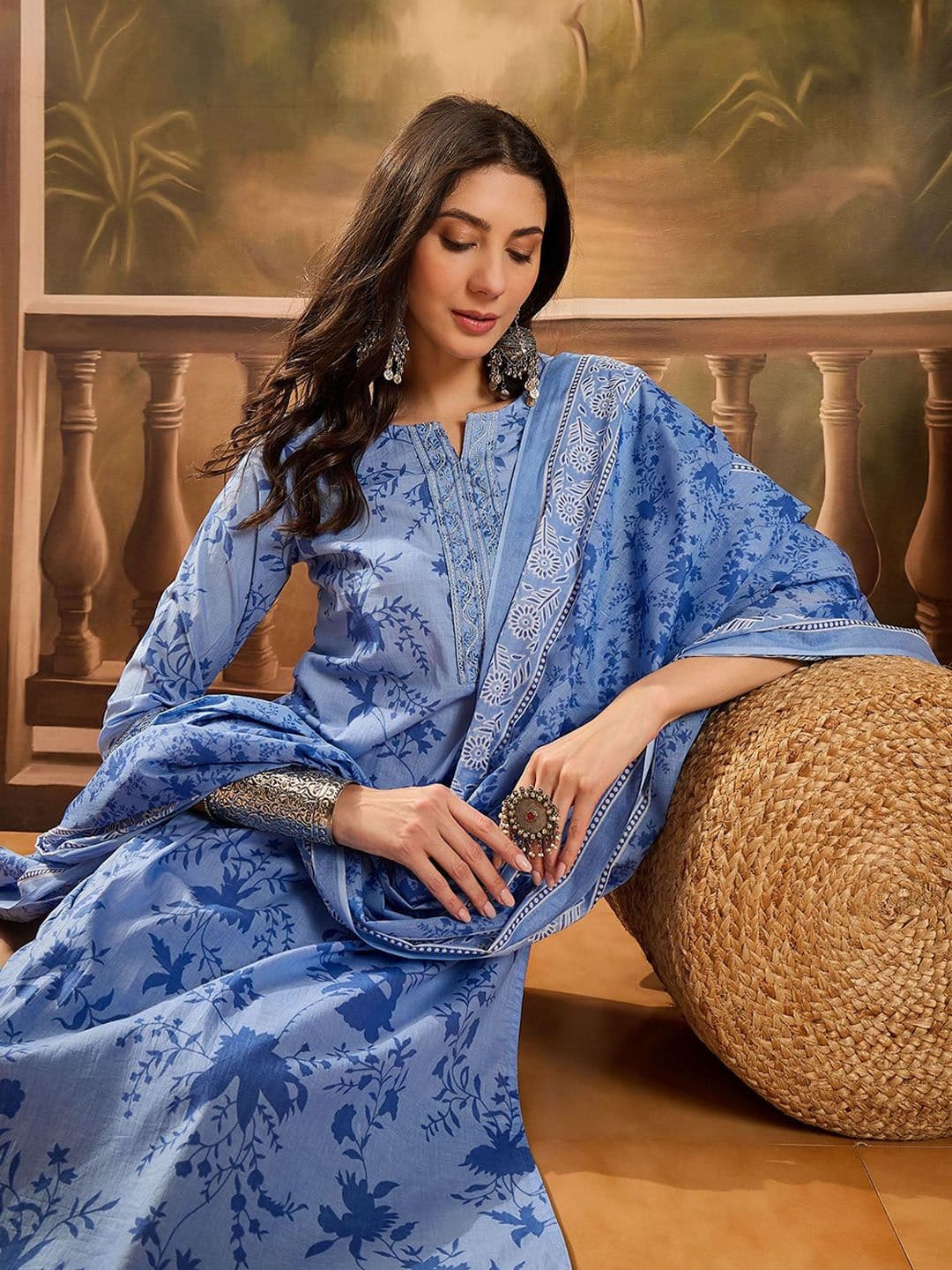 Sangria Floral Printed Notch Neck Pure Cotton Straight Kurta With Trousers & Dupatta - view 1