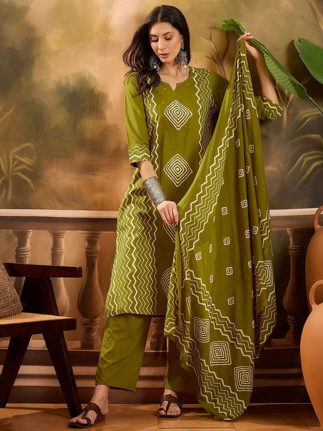 Sangria Women Geometric Printed Cotton Kurta with Trousers & Dupatta - view 1