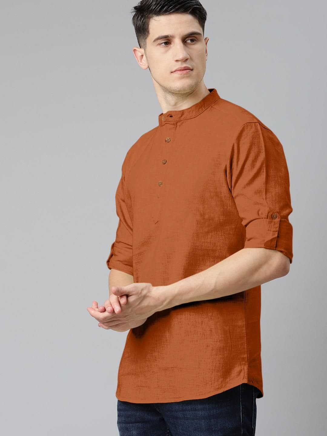 Fifth U Men Solid Brown Cotton Blend Straight Kurta - view 1