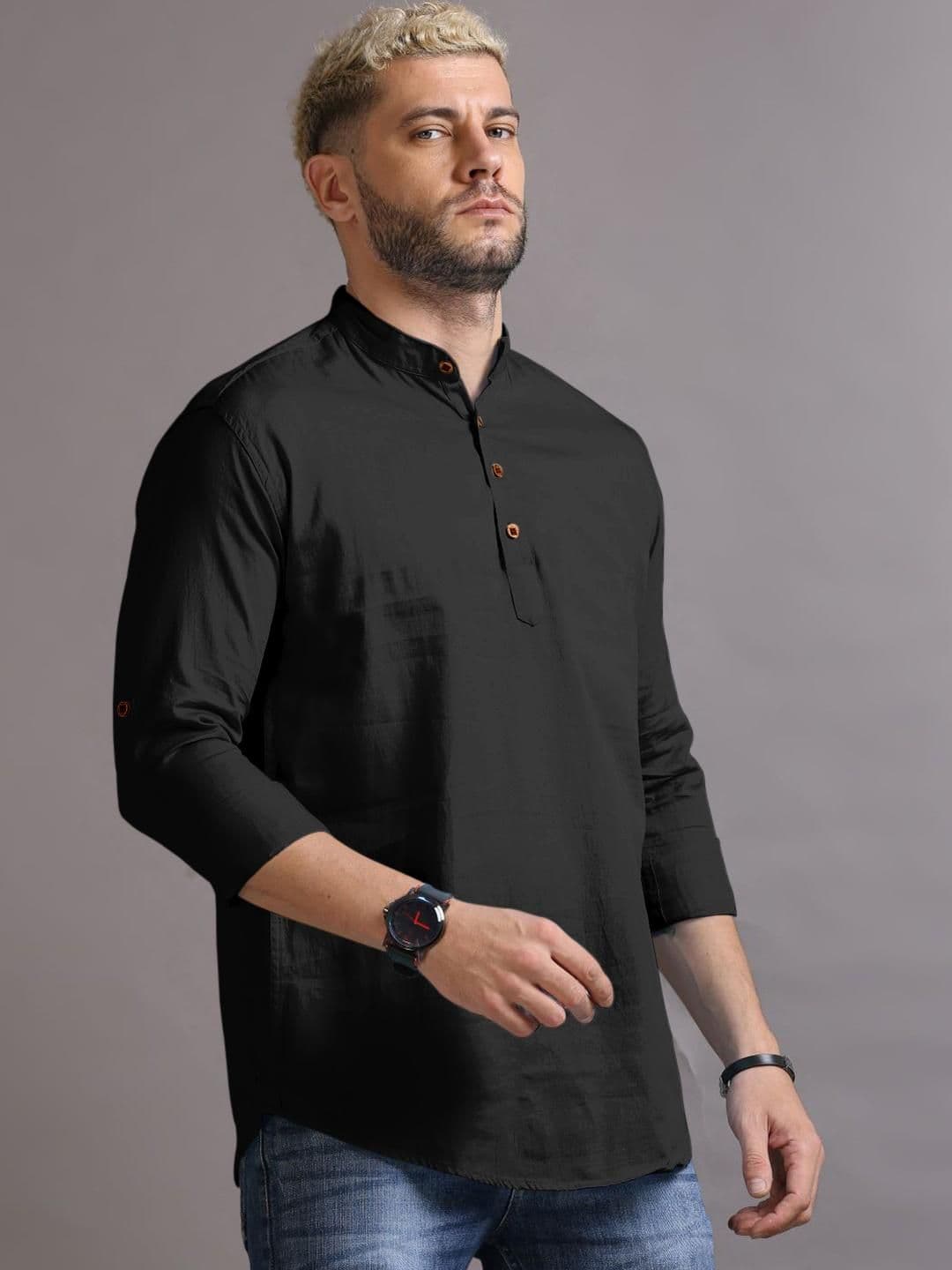 Fifth U Men Black Solid Cotton Blend Straight Kurta - view 1