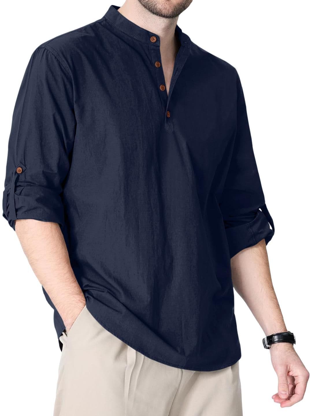 Fifth U Men Navy Blue Mandarin Collar Casual Short Kurta - view 1