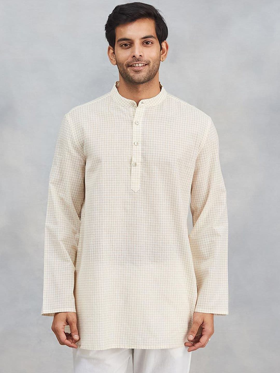 Fabindia Checked Band Collar Natural Cotton Blend Straight Short Kurta - view 1