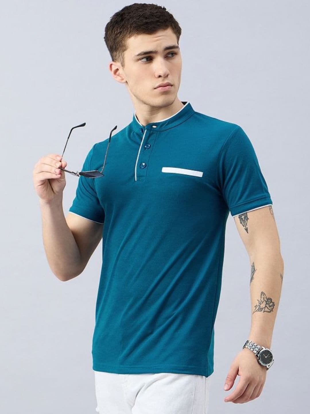 Zigo Band Collar Short Sleeves Casual T-shirt - view 1
