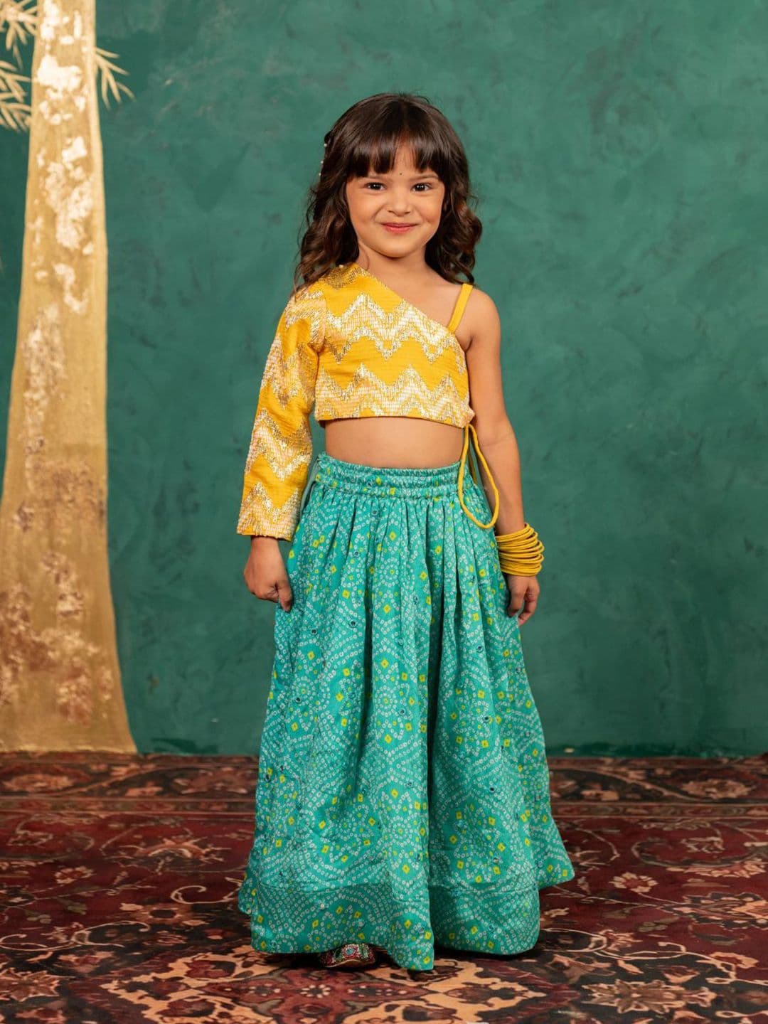 Jilmil Girls Embroidered One Shoulder Top With Bandhni Mirror Work Lehenga - view 1