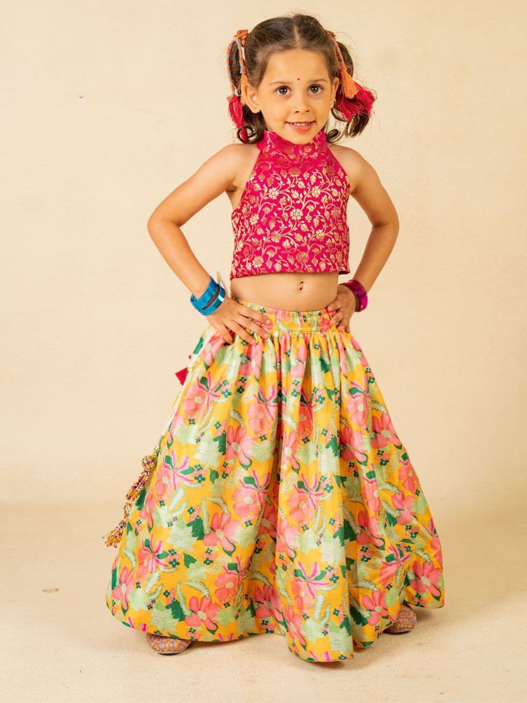 Jilmil Girls Floral Woven Design Zari Ready to Wear Cotton Lehenga & Choli - view 1