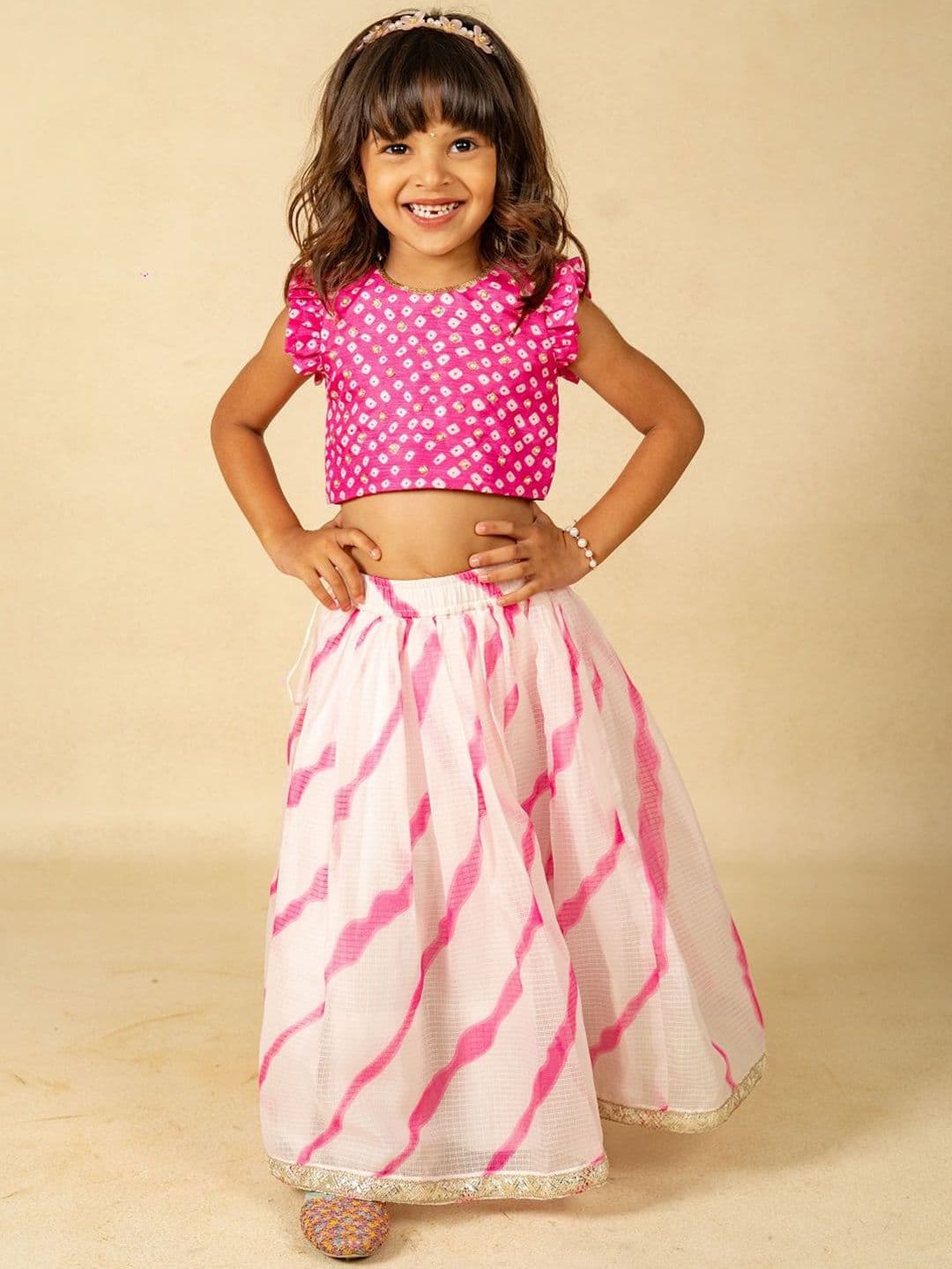 Jilmil Girls Bandhani Printed Cotton Ready to Wear Lehenga & Blouse - view 1